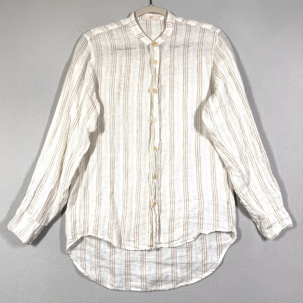 CP Shades Top Womens Small Linen Tunic Striped Coastal Beach Button‎ Down Shirt